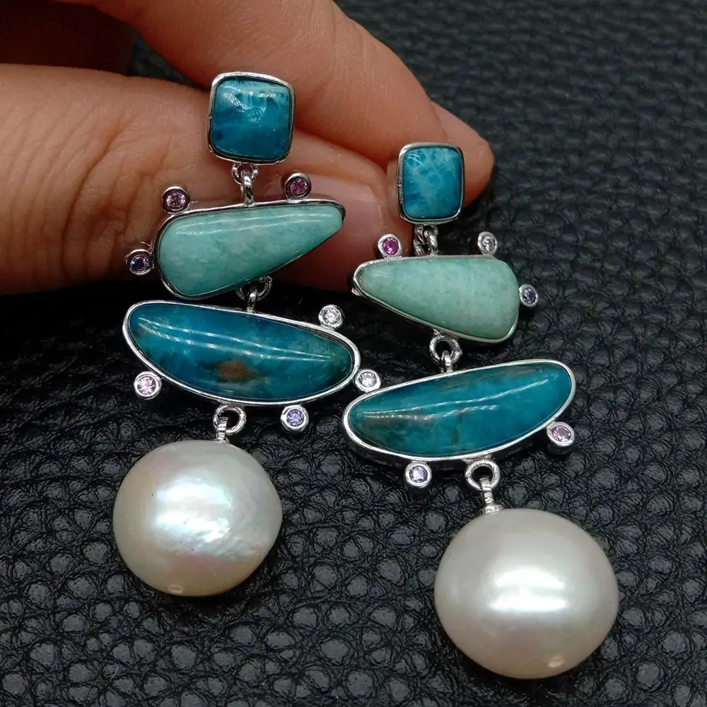 Y·YING luxury jewelry geometric White Freshwater  Pearl Blue Apatite Green Amazonite pave white color plated Stud Earrings