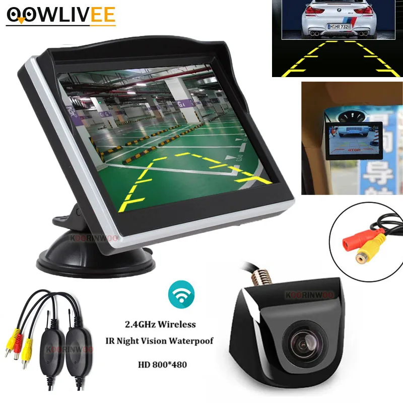 OOWLIVEE Wireless Parking Accessories 5Inch HD Suction Top Monitor Wide Angle Night Vision Metal Body Rear View Camera Universal