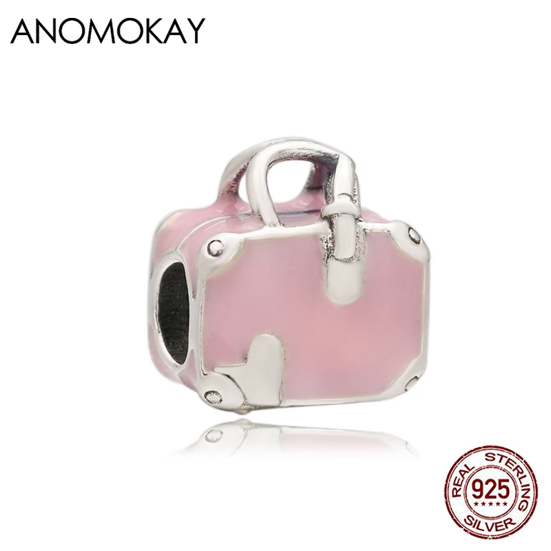 Anomokay Pink Enamel Love Travel Bag Charm fit Bracelet & Bangle Real Sterling 925 Silver Heart Bead for DIY Jewelry Making