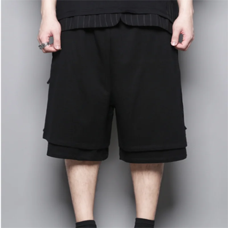 

Men's Shorts Summer New Elasticated Waist Fake Two Layer Black Casual Sport Loose Harlan Shorts Youth Five Minute Pants