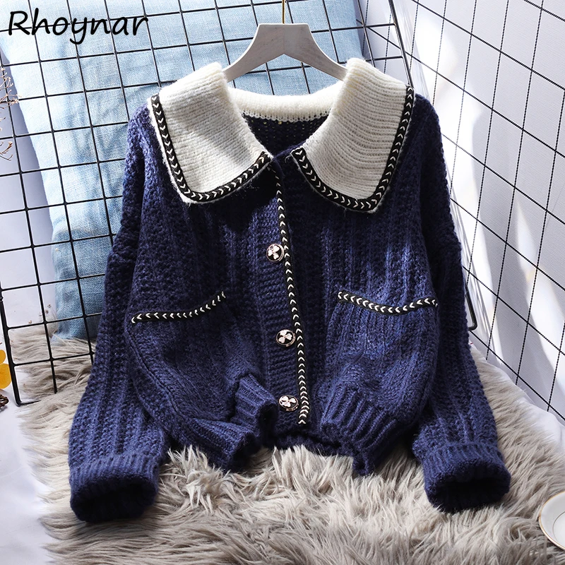 

Cardigan Women Elegant Lapel Single Breasted Sweater Casual Tender Patchwork All-match College Loose Korean Style Knitwear Chic