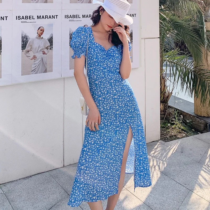 

Summer Women Blue Puff Sleeve Zipper Midi Dress Vintage Floral Print Split Blue Sundress Elegant Party Beach Ladies Dress