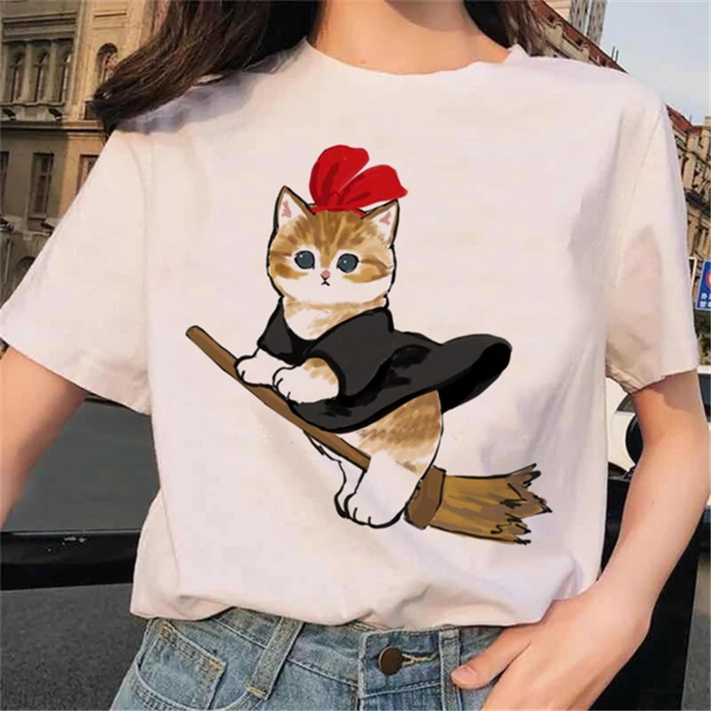 Lovely Summer Kawaii Cat Graphic print ladies T-shirt casual basis O-collar white shirt short sleeve ladies T-shirt,Drop Ship