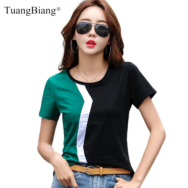 Black Green Contrasting Colors Cotton T-Shirt Women 2023 Summer White Striped Fashion T Shirt Lady Short Sleeve Slim O-Neck Tops