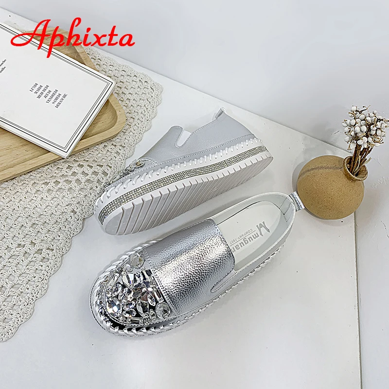 Aphixta Crystals Round Toe Leather Flats Shoes Women Silver Bling Loafers Couple Platform Shoes Woman Flat With Students Size 43