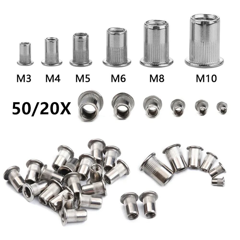 50/20/10 PCS Stainless Steel Flat Head Rivet Nuts Set M3 M4 M5 M6 M8 M10 Insert Reveting Multi Size Rivet Nuts