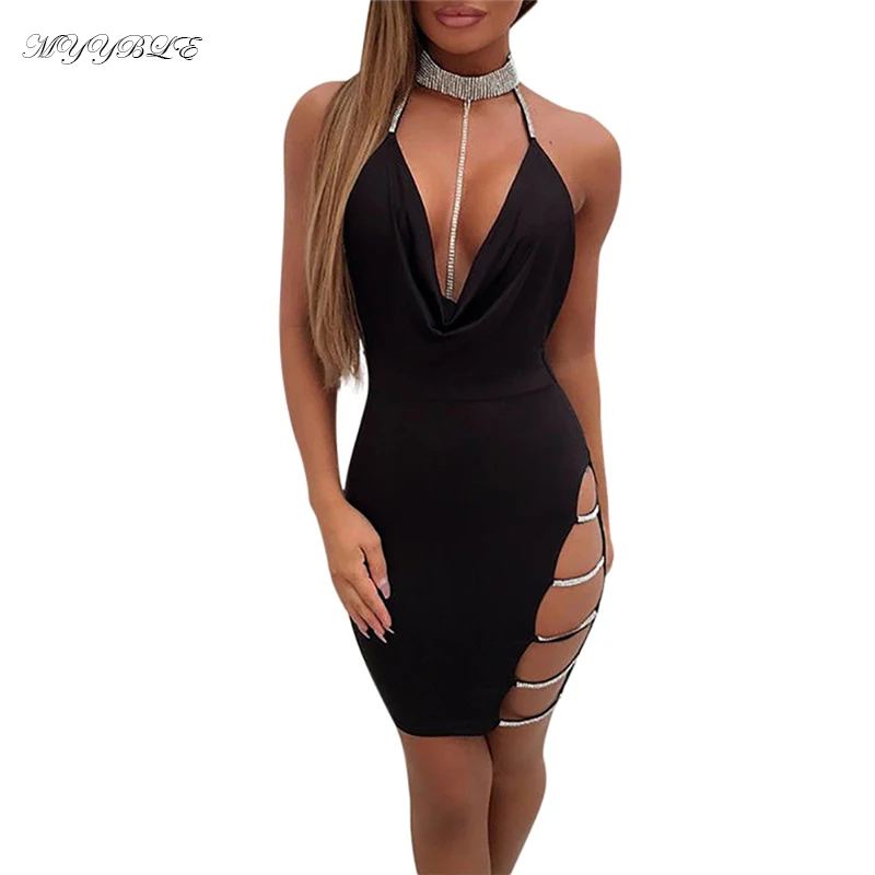 MYYBLE 2020 abito sexy con scollo a v abito fasciatura aderente Halter Backless mini abito da festa casual senza maniche abiti da notte