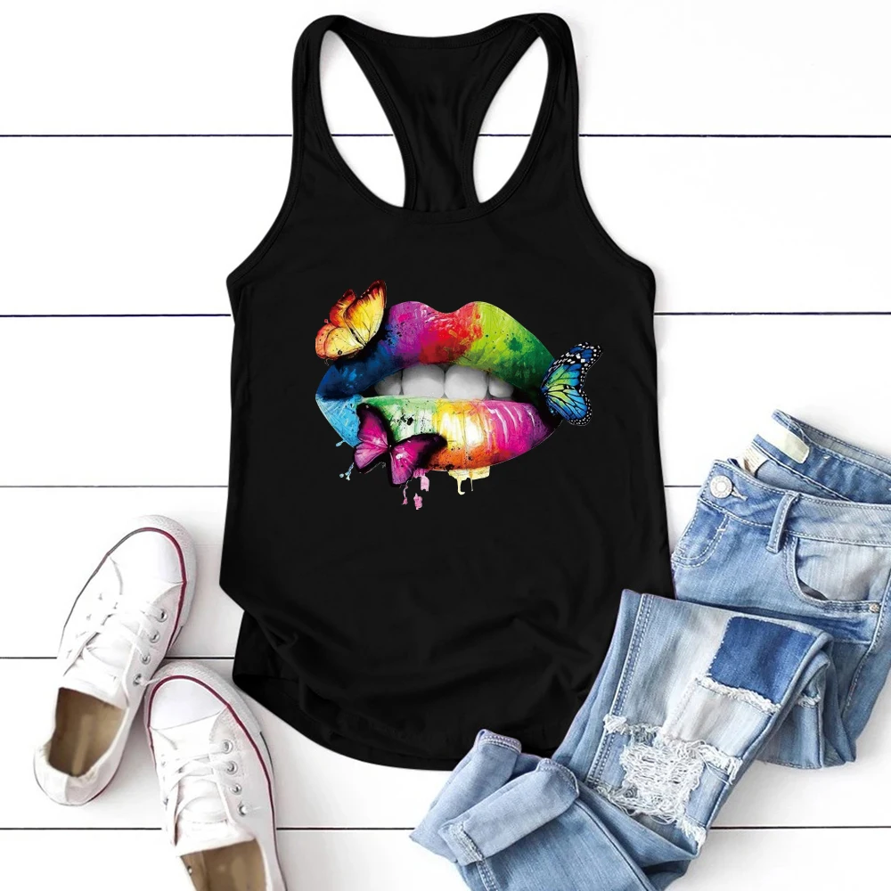 Women Sleeveless Summer Vest for  Ropa Mujer Multicolored Lips Butterflies Printed Tank Top Crew Neck Ladies Tops Plus Size