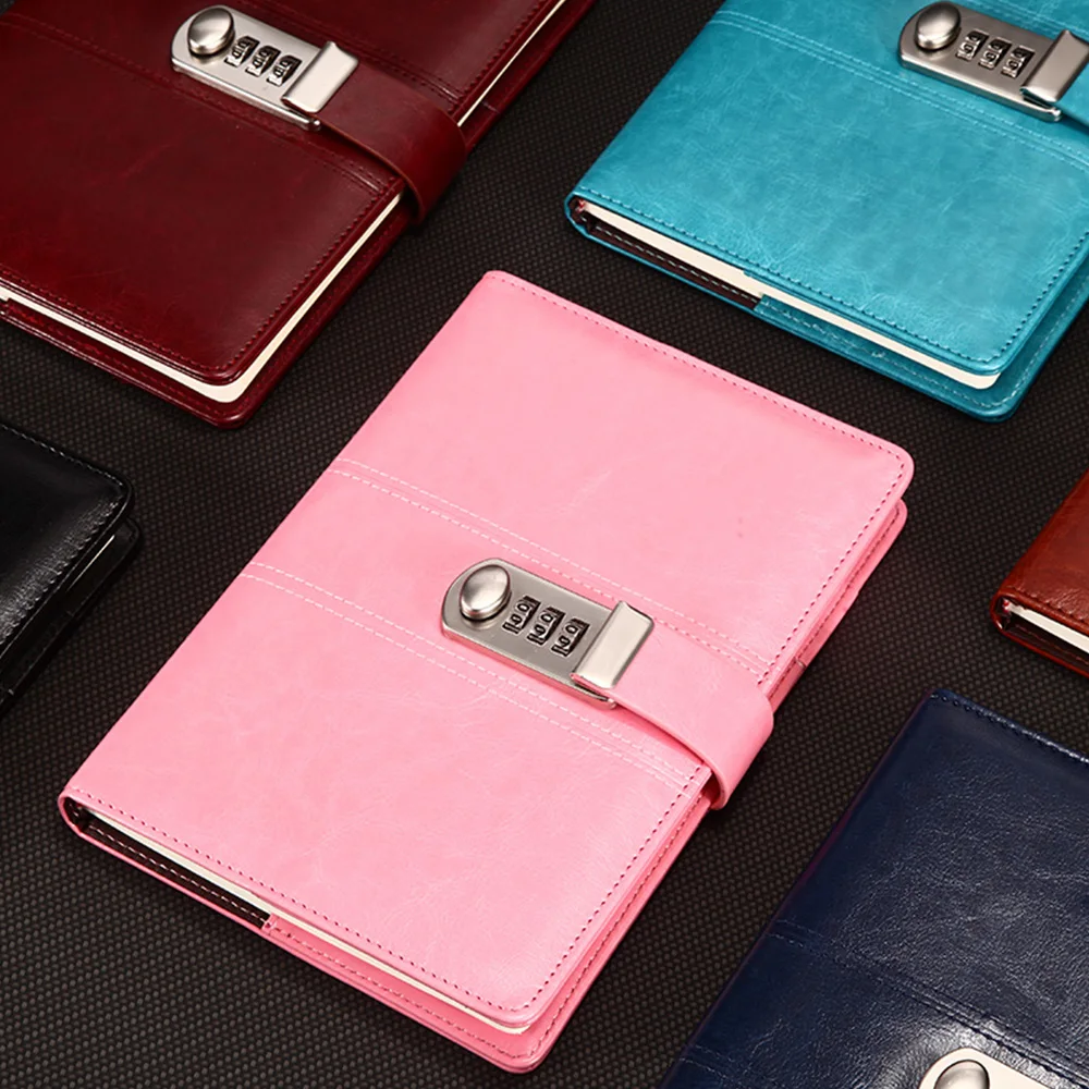 9 Kinds of Leather Password Notebook With Lock Bigger Size 21.8cmx17.8cm Writing Pads Lockable Notepad Diary With Gift Pen