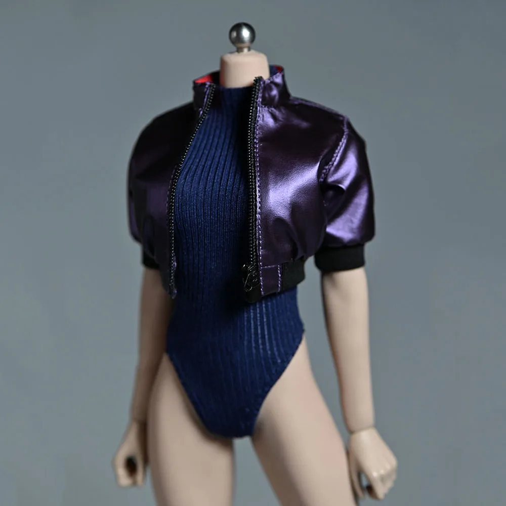 Roxo 1/6 na moda kusanaru jaqueta superior alta pescoço zíper malha biquíni macacão traje para 12 ''feminino ph tbl figura de ação