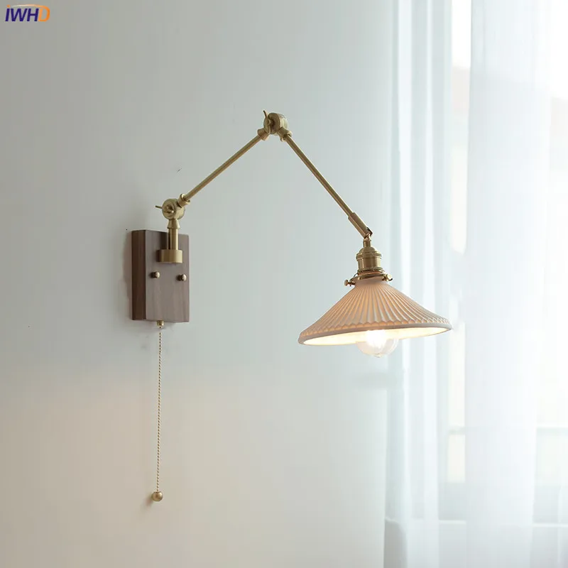 IWHD Pull Chain Switch LED Wall Light Fixtures Bedroom Study Living Room Copper Swing Long Arm Wall Lamp Sconce Applique Murale