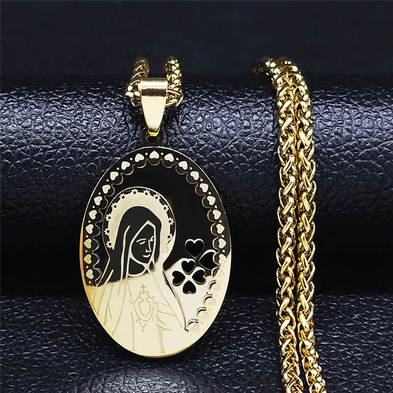 Double Layer Stainless Steel Virgin Mary Medal Pendant Necklace Women/Men Gold Color Long Chain Necklaces Jewelry collier N7406