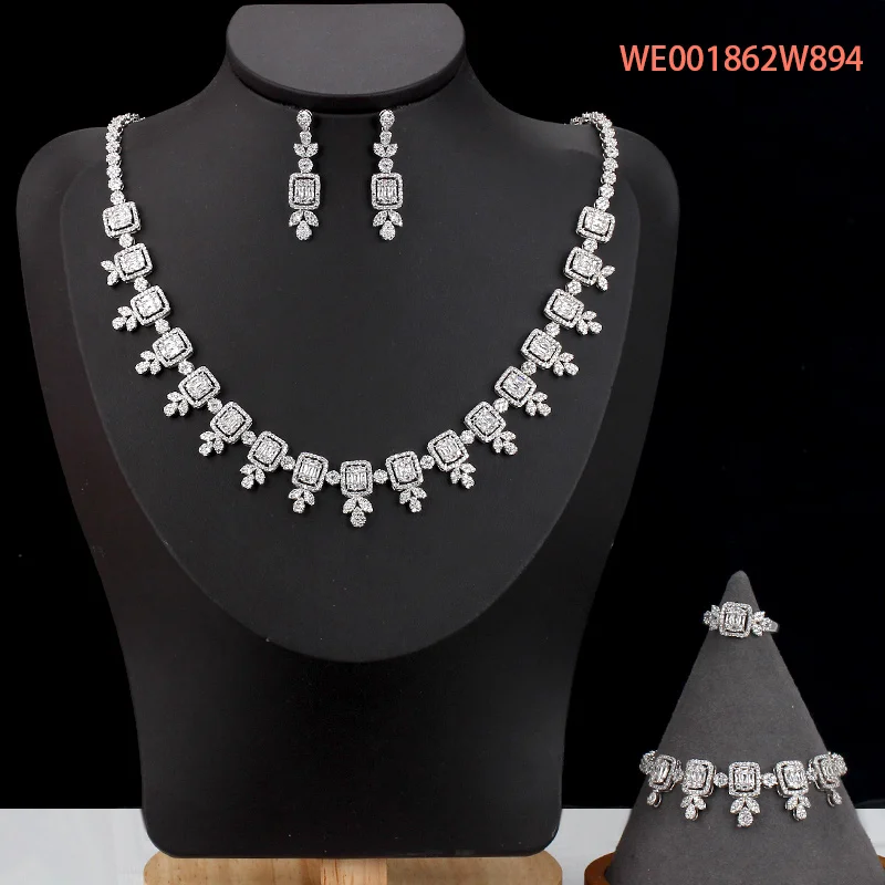 BrideTalk Luxury Wedding Cubic Zirconia Tassel Necklace Earrings Bracelet and Ring 4pcs Dubai Full Jewelry Sets for Women