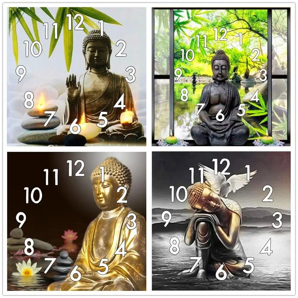 

Full Diamond Painting Cross Stitch With Clock Mechanism Mosaic Buddha Statue 5D Diy Square Round Diamondpainting Embroidery Gift