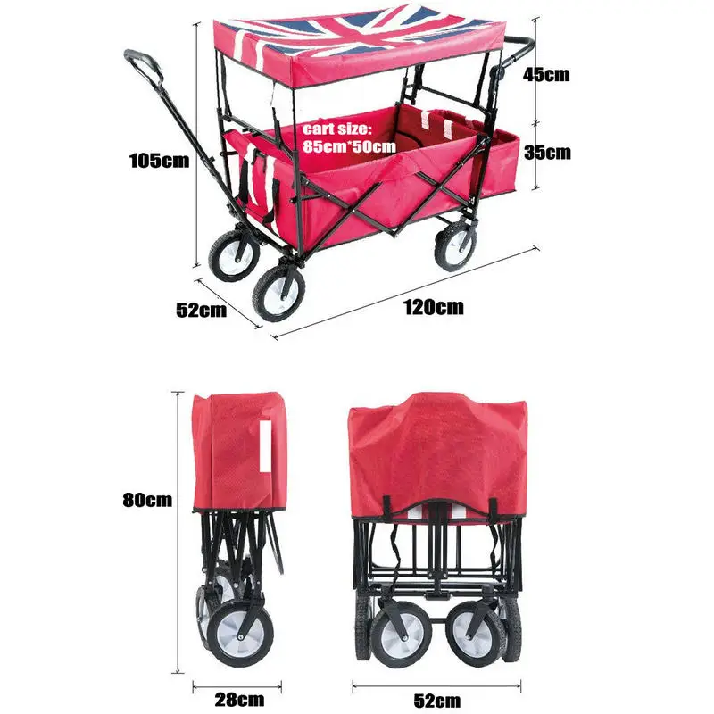 Foldable Kids Wagon With Removable Canopy, Outdoor Cart With Rubber Wheels, Twins Stroller With Adjust Handle For Camping Beach