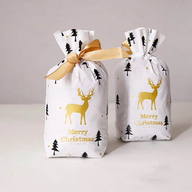 50pcs Christmas Golden Stag Scattered Dots Mysterious Forest Pattern Ribbon Drawstring Bag Black Animal Deer Nougat Bundle Bags