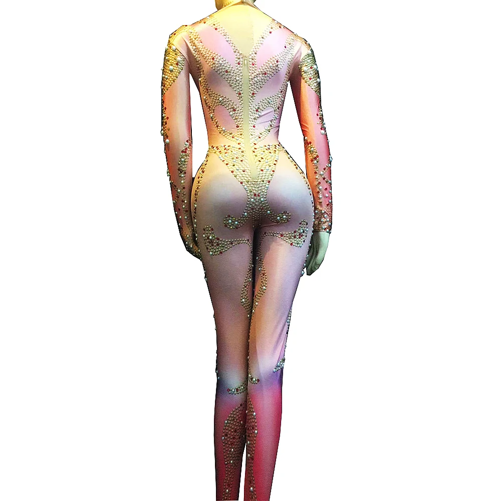 Women Rhinestones Pearl Pattern Tights Jumpsuit Performance Costume