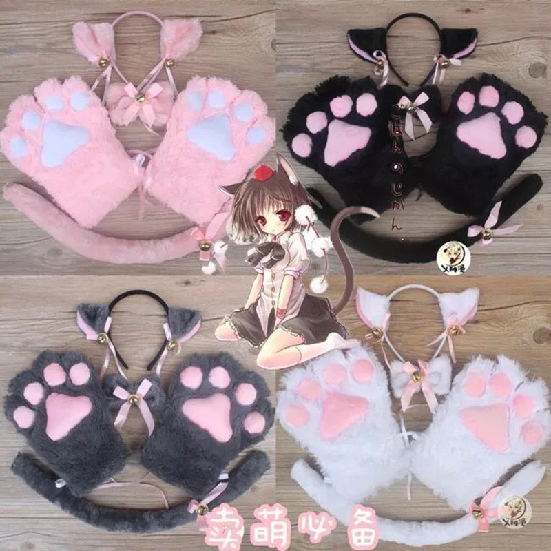 Anime Cosplay Traje com Orelhas de Gato, Luva Lolita Empregada Plush, Orelha Pata, Cat Bell, Hairbands Meninas, Lolita Acessório