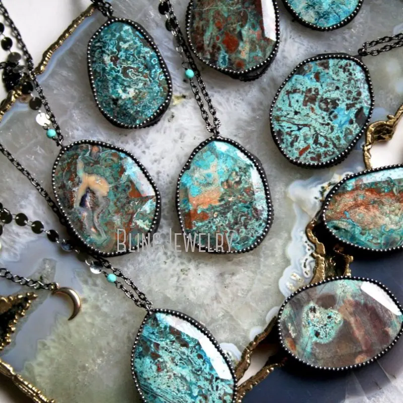 

10pcs Ocean Jasper Slab Necklace Blue Faceted Stone Statement Layering Boho Beach Turquoise Jewelry Grange Witchcraft Wicca Emo