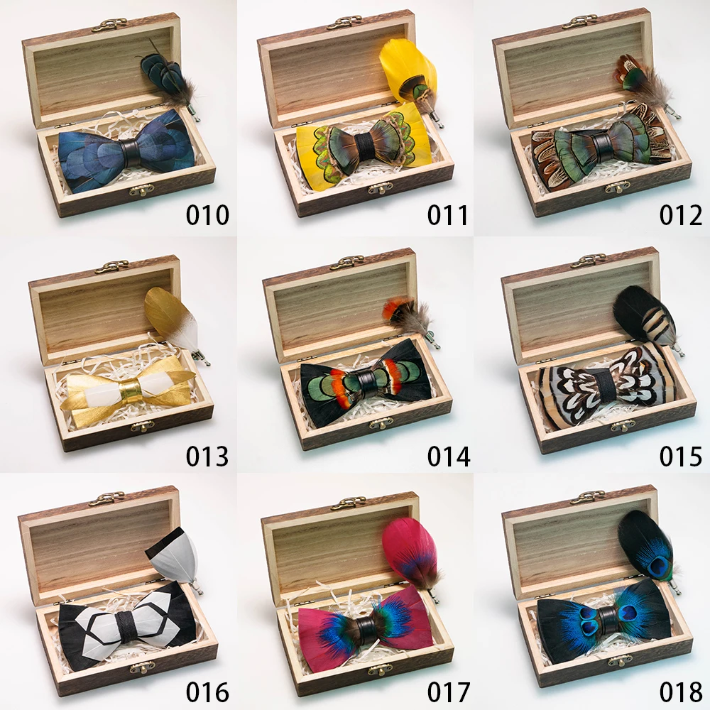 EASTEPIC Handmade Feather Bow Tie Brooch Wooden Box Set Men's Exquisite Accessories for Wedding Party Birthday Gift Necktie