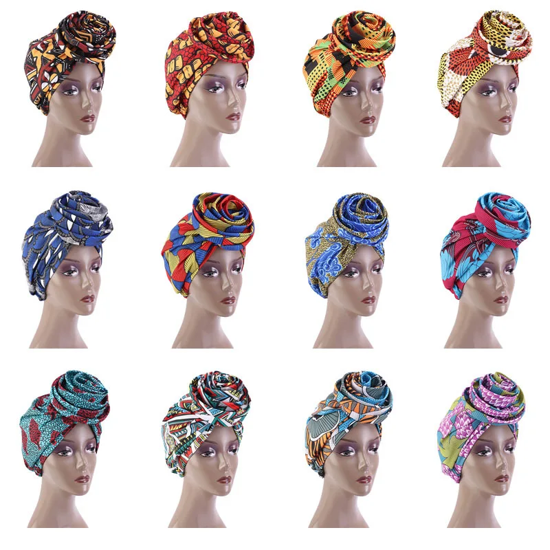 Women African Pattern Knot Headwrap Pre-Tied Knotted Turban Bonnet Satin Linned Beanie Headscarf Cap Headwear Hair Accessories