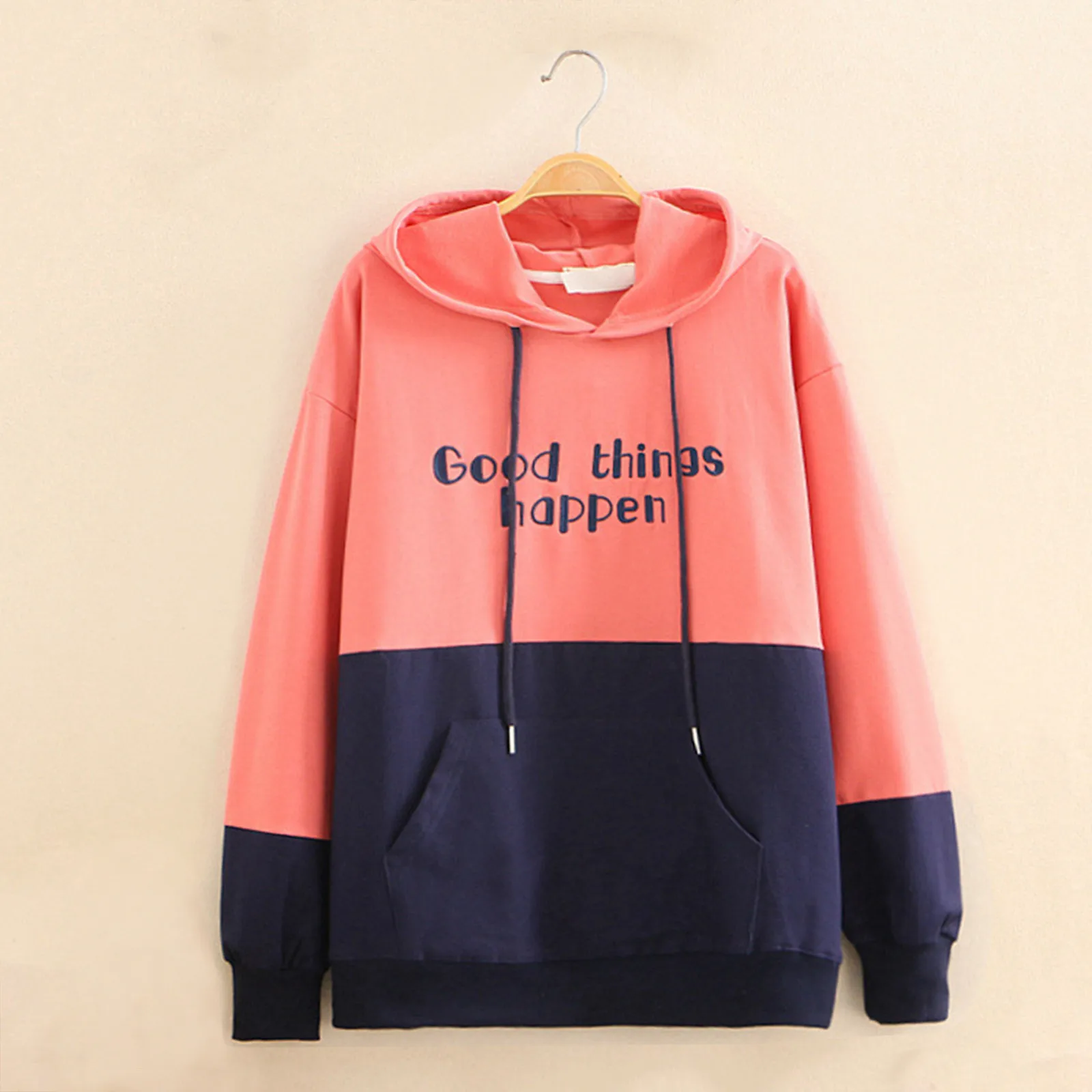 Fashion Hoodies Women Casual Good Things Happen Letter Print Long Sleeve Patchwork Pullovers Sweatshirts Tops Sudaderas Mujer