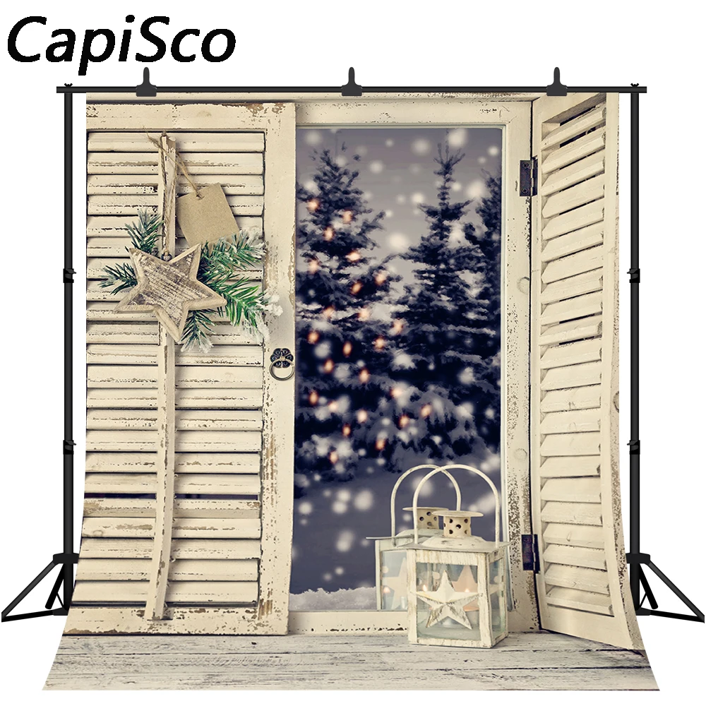 

Capisco Wood Window Photography Backdrop Christmas Tree Sparkle Outdoor Winter Snow forest Scenic Background Photo Studio