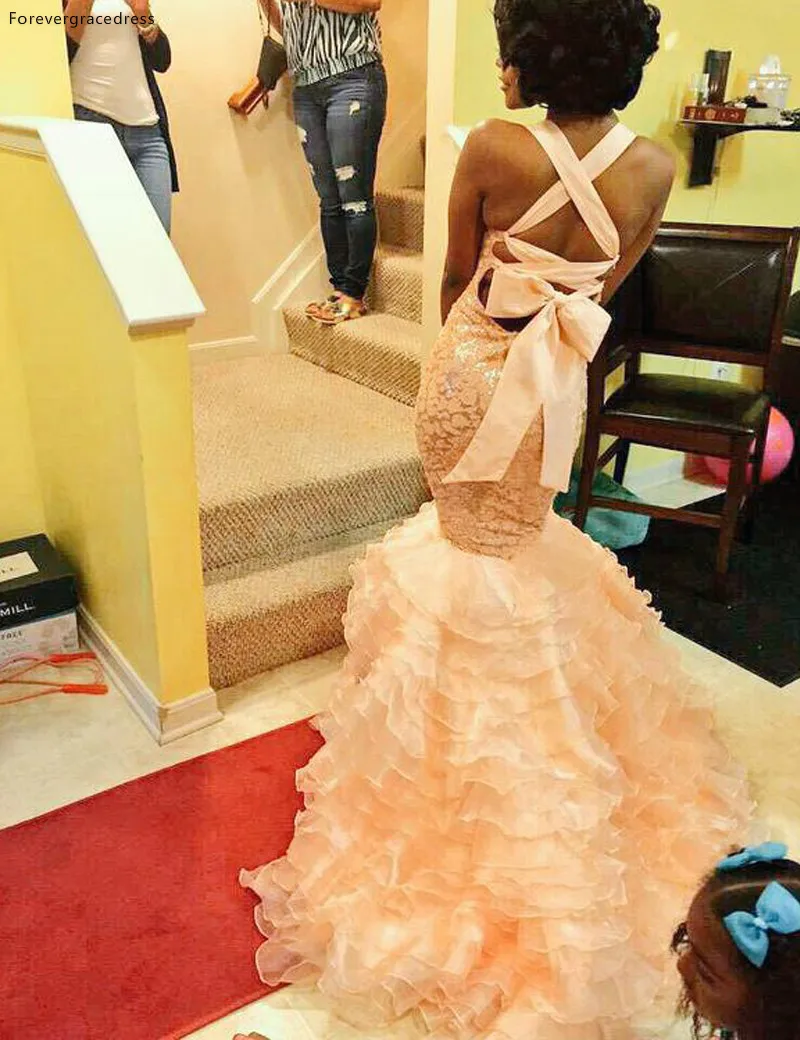 Sexy Meerjungfrau Prom Kleid Hohe Qualität Halter Rüschen Organza Spitze Lange Afrikanische Für Besondere Anlässe Kleid Abend Party Kleid