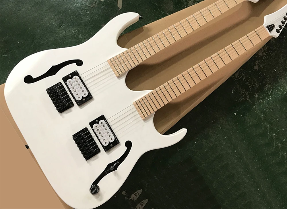 White 6+6 Strings Double Necks Electric Guitar with Semi-hollow Body,Maple Fretboard without Inlay