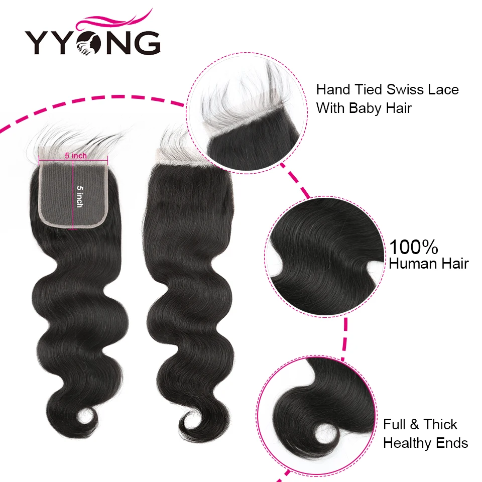 Yyong 5x5 6x6 HD Transparent Lace Closure Brazilian Body Wave/Straight 100% Human Hair Free Part Lace Closure Natural Hairline