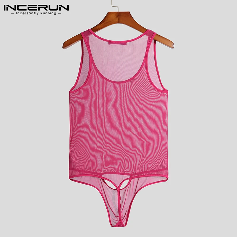 INCERUN 2023 Sexy Homewear New Men Rompers Hollowed Elastic Transparent Jumpsuits Fashionable Male Thin Triangle Bodysuits S-5XL