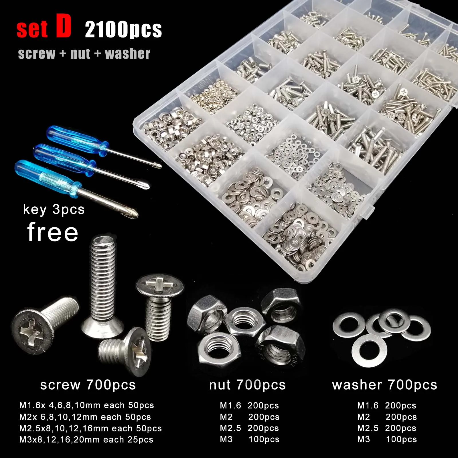 400/2100pcs M1.6 M2 M2.5 M3 M4 M5 304 A2 Stainless Steel Cross Phillips Flat Countersunk Head Screw Bolt Nut Washer Set Kit Box