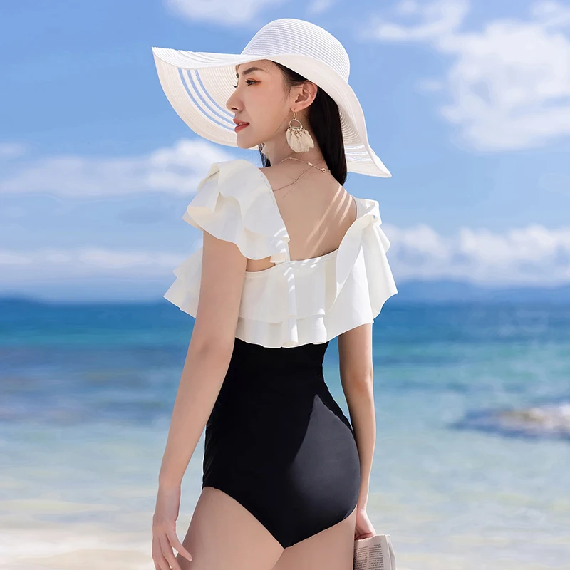 Vintage Ruffle Swimwear Sexy Oblique Shoulder Bathsuit Swim Bodysuit Women Trikini Monokini Push Up Beachwear One Piece