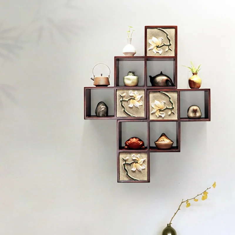 Modern Chinese Style Solid Wood Decorative Shelf Tea Room Entrance Wall-Mounted Antique Shelf DIY Storage Small Lattice