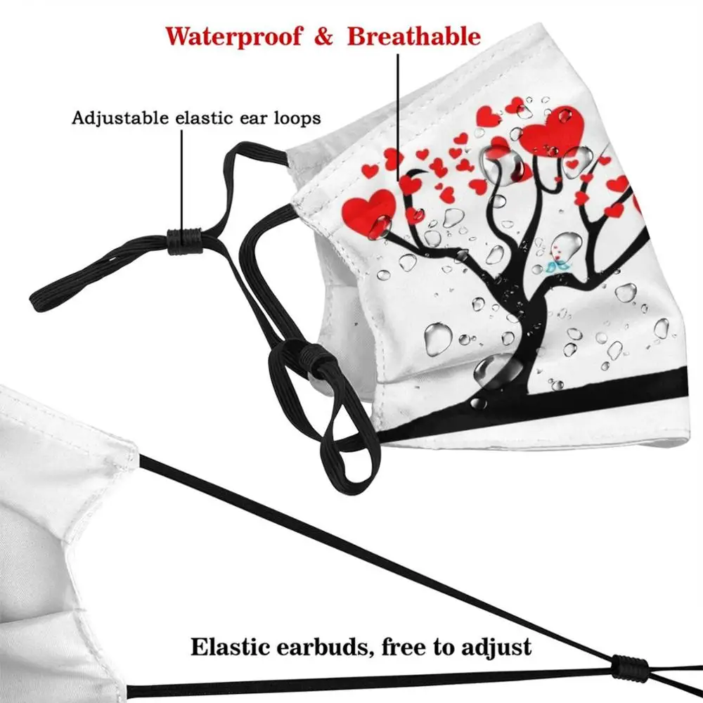 사랑은 공기 마스크 천 재사용 가능한 인쇄 필터, 세탁 가능한 존스미스 발렌타인 데이 커플 핑크 블랙 새 나무