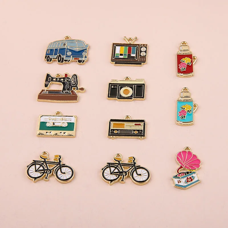 

Vintage Enamel Alloy Charms Gold Tone Plated Oil Drop Bus Cameo Bike TV Record Sewing machine Kettle Life Relative Pendants