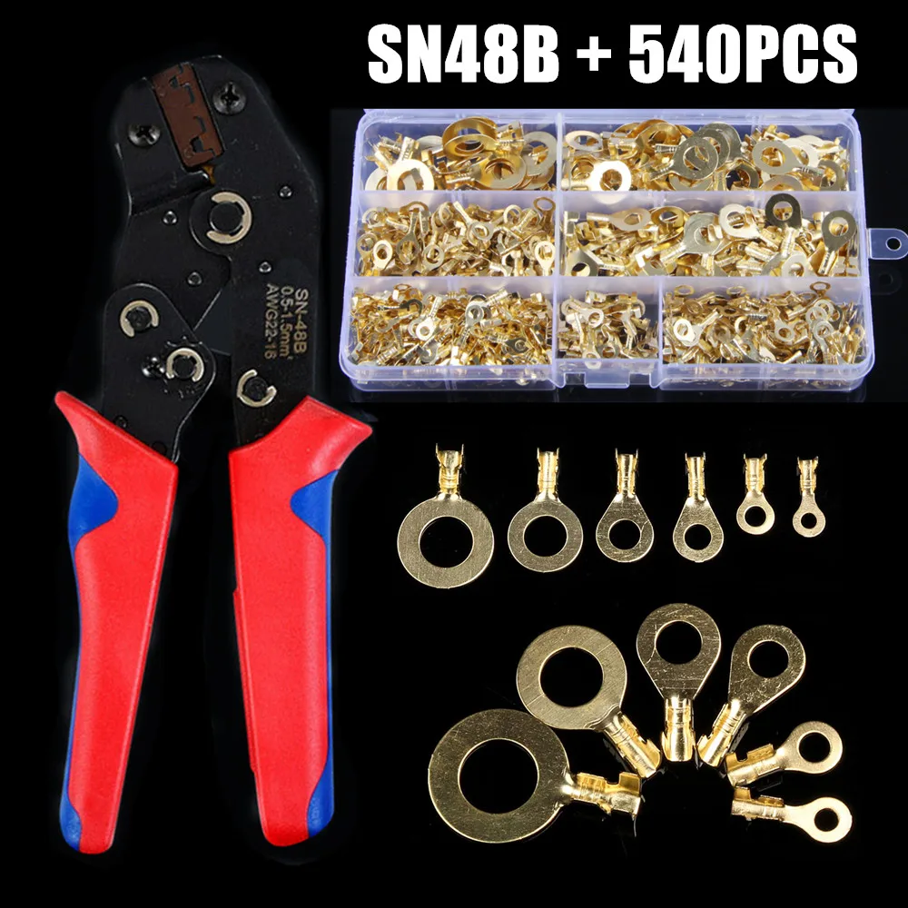 

540pcs M3-M10 Ring Lugs Ring Eyes Copper Crimp Terminals Cable Lug Wire Connector Non-insulated Crimping Plier Hand Tool Kit