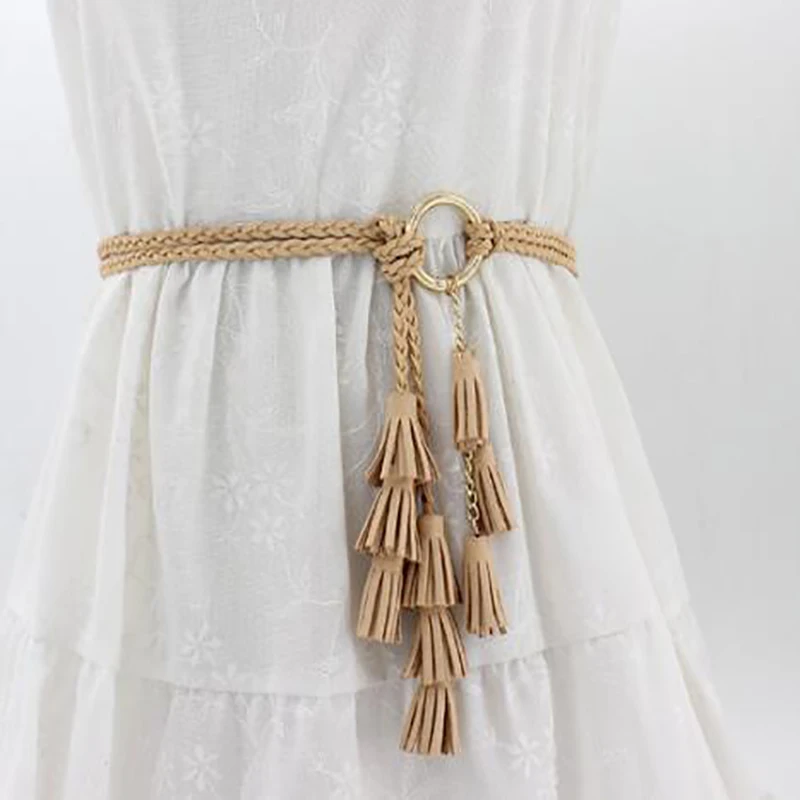 Women Solid Color Braided Tassel Belt 2024 Boho Girls Thin Waist Rope Knit Belts For Dress Waistbands Accessories