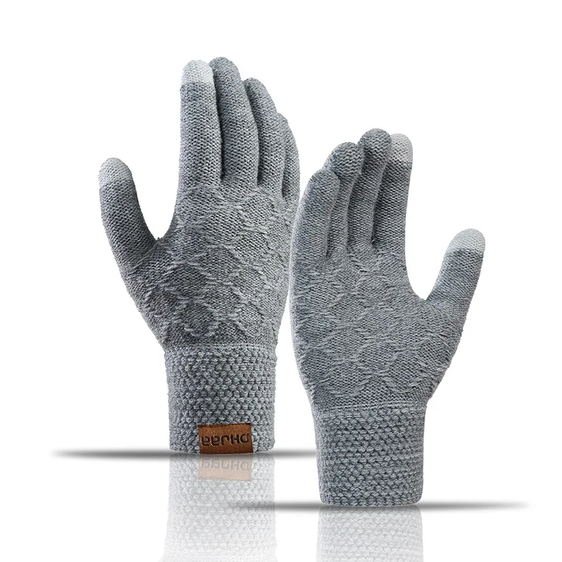 Winter Men Warm Jacquard Stretch Knit Sport Cycling Gloves Letter Full Finger Plus Plush Thick Touch Screen Driving Mitten I94