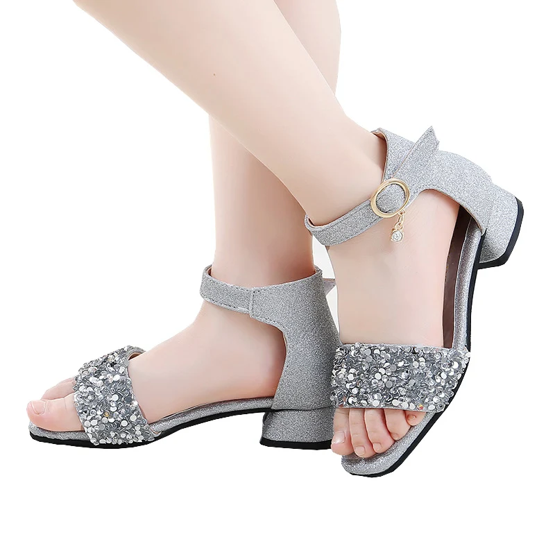 Teenagers little girls summer high-heeled rhinestone princess sandals for girls school wedding and party dance sandals shoes new