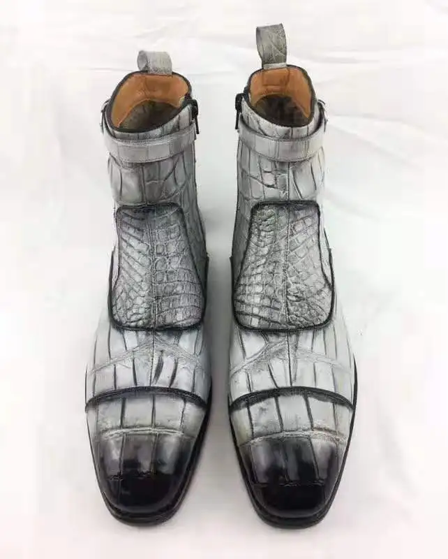 Super big size 100% real genuine crocodile skin gray  black colors men boots winter shoe with real cow skin lining and base