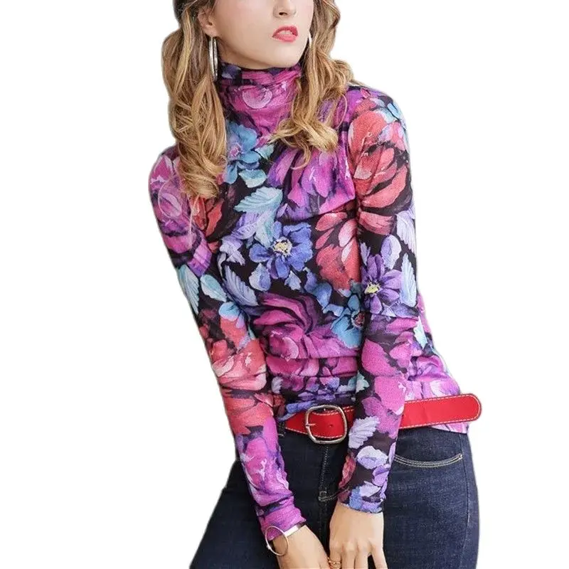 

Female Hit End Shirt Spring Autumn New Ins Long Sleeve Inside High Collar Fashion Show Thin All-Match Women Top Trendy