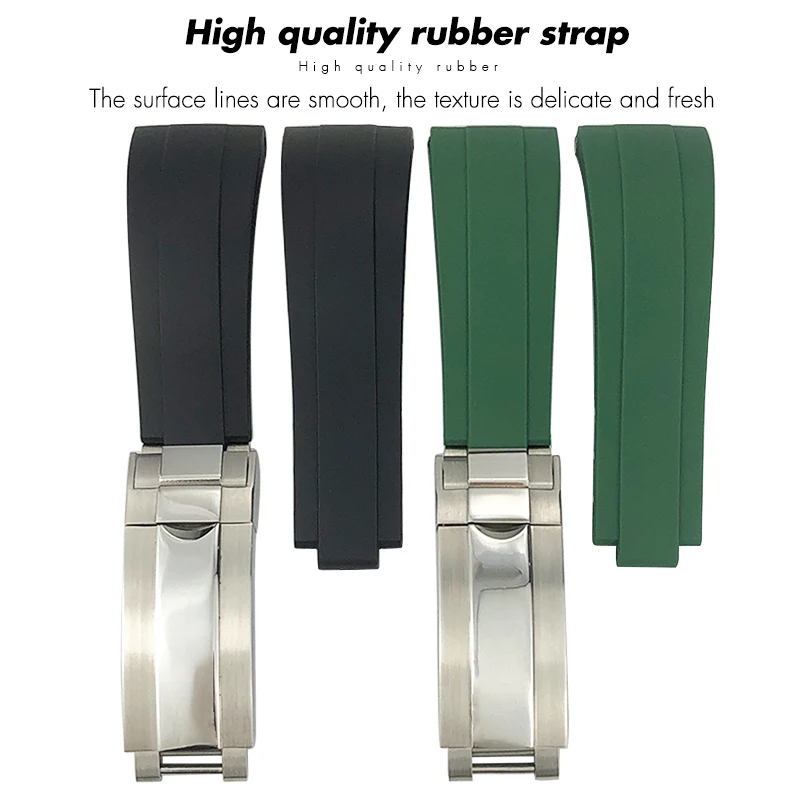 20mm Rubber Silicone Watchband Suitable for Rolex Silver Metal End Submariner Yacht Master Daytona Belt Slide Lock Buckle Strap