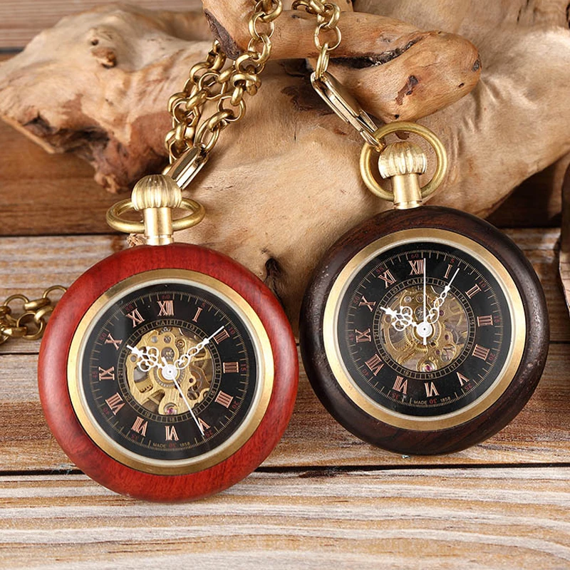 Retro Wooden Pocket Mechanical Watch Men & Women Hand Wind Chain Necklace Red Rose Black Wood Watches for Men and Women Unisex