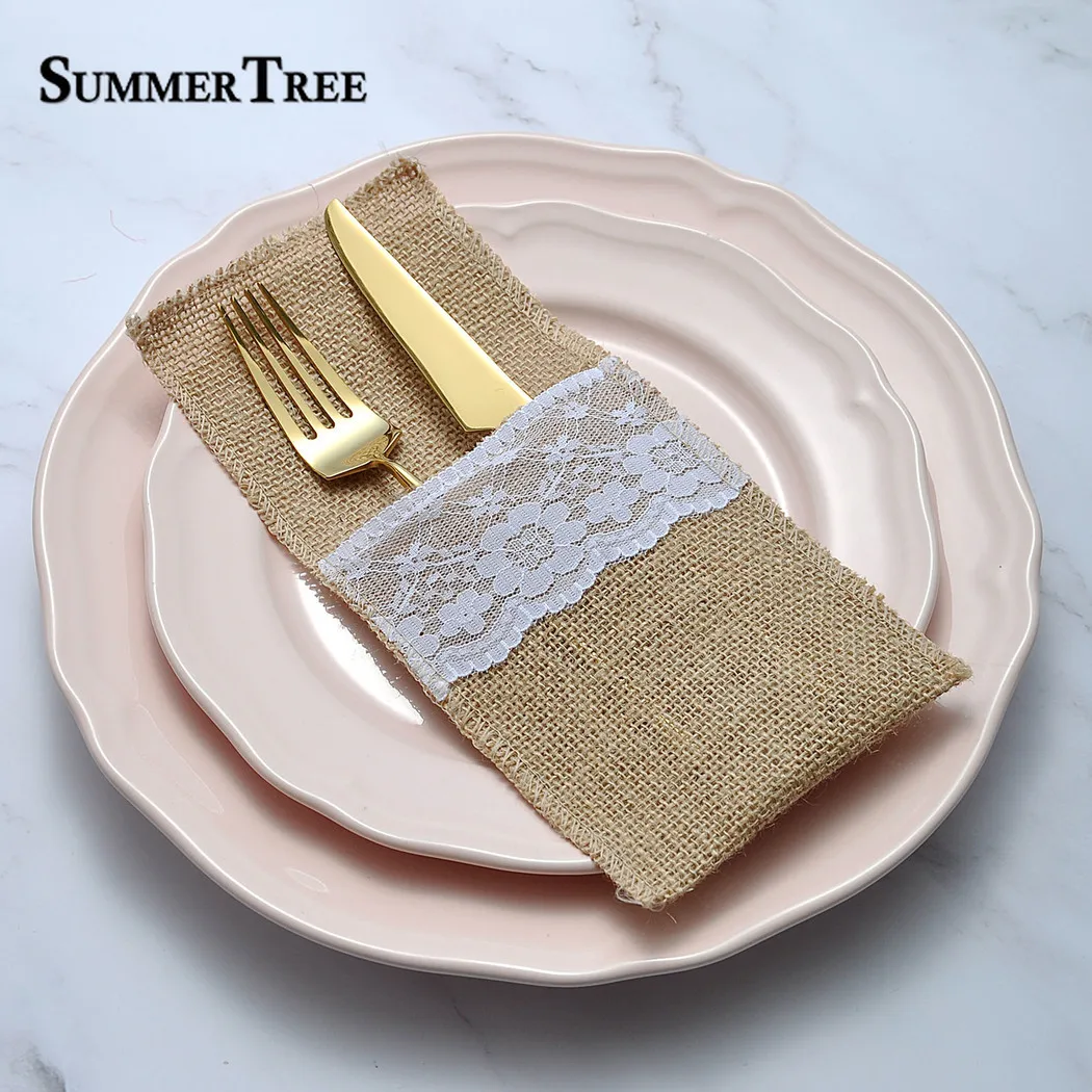 Burlap Lace Cutlery Pouch Wedding Tableware Party Knife Fork Holder Bag Hessian Rustic Jute Accessories Table Decoration