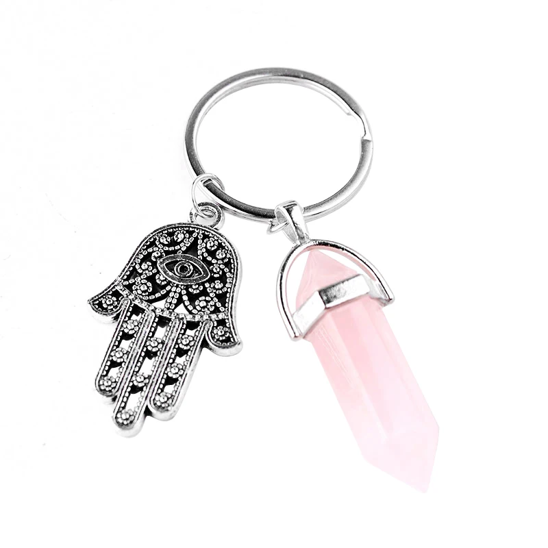 Natural Hexagonal Column Stone Keychain Women Pink Quartz Opal Crystal Key Chain With Evil Eye Fatima Jewelry Party Friends Gift