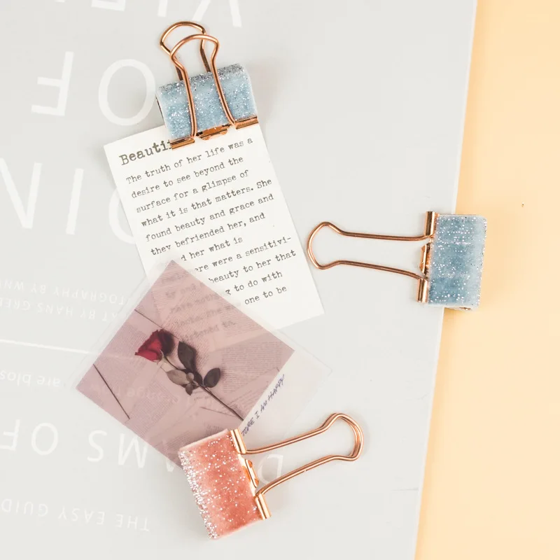 6pcs/lot cute kawaii sequins metal office school velvet binder clip set pink light blue student paper document organizer clip