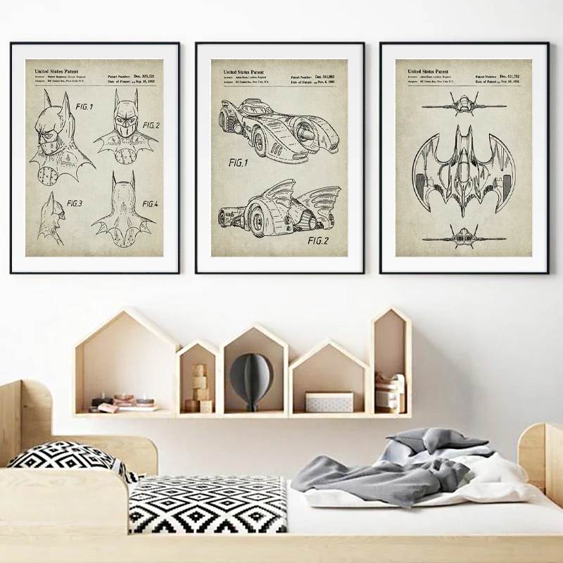 Hero Patents Vintage Posters and Prints Boys Kids Gifts Room Wall Art Decor Batmobile Head Dress Batwing Art Canvas Painting