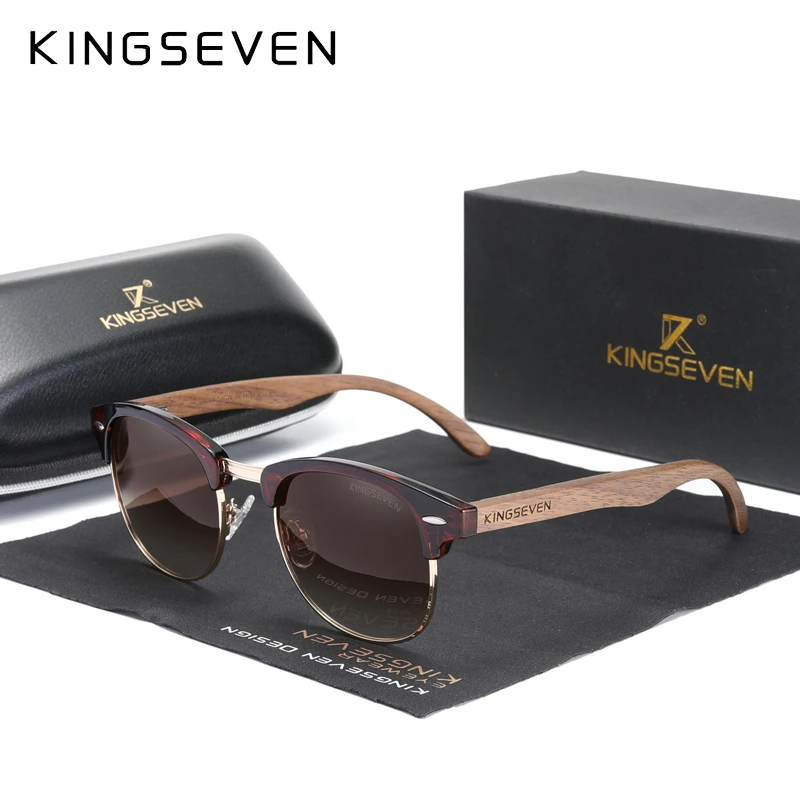 KINGSEVEN 2023 Qualitätsupgrade Walnuss-Holz-Sonnenbrille für Herren, polarisiert, halbrandlos, UV400-Schutz, Retro-Brille für Damen, Oculos