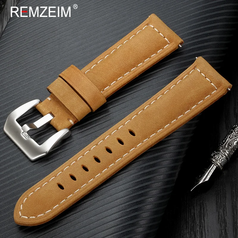 REMZEIM Crazy Horse Skin Cow Leather Watchband 20 22 24 26mm Watch Strap Bracelet Brown Black Green Replacement Watchband